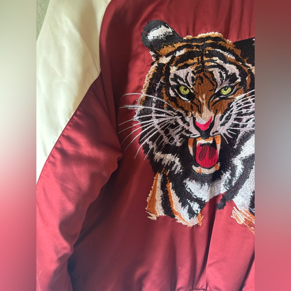 silence + noise Red and White Tiger Embroidered Bomber Jacket - Picture 5 of 7
